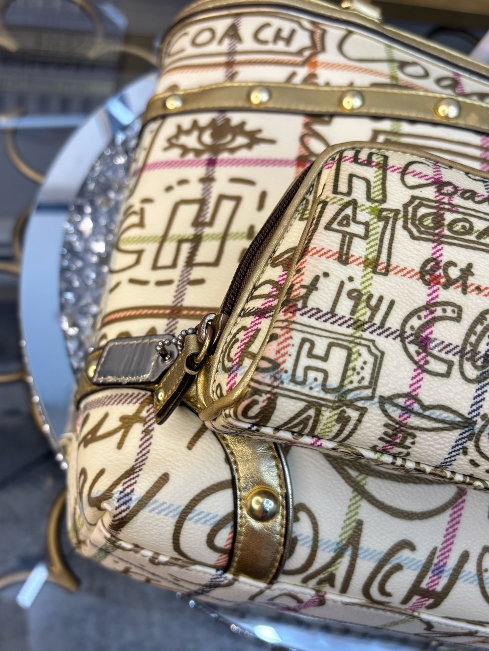 Coach 2009 Heritage Tattersall Graffiti Gold Tote W/ matching cosmetic pouch EUC - Picture 13 of 16